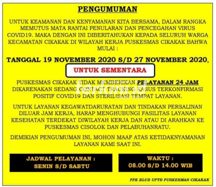 Setelah Tanggal 27 November 2020 Puskesmas Cikakak Kembali Buka Pelayanan Normal Kembali