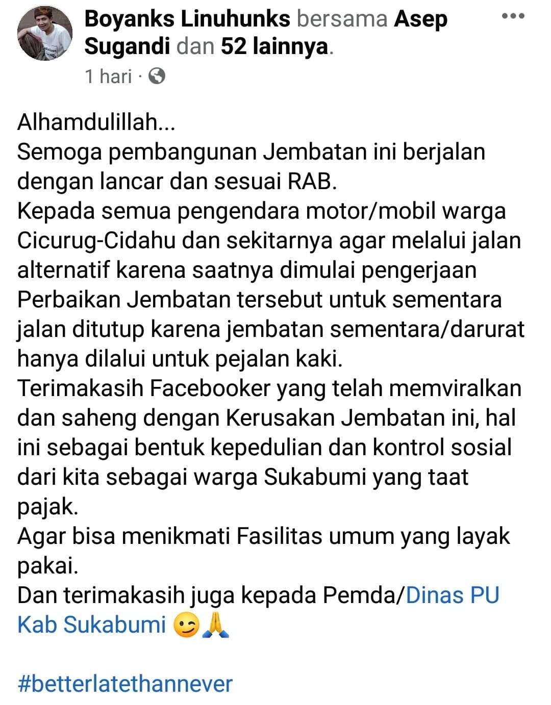 Warganet Apresiasi Dinas PU Sukabumi, Asep Japar: Kami Harap Bisa Terus Bekerja Sama Dengan Masyarakat